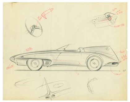 Early Design Drawing for Plymouth XNR Concept Car, by Virgil M. Exner, 1959. This early design drawing highlights one of the Plymouth XNR's most striking features: a vertical fin running from the hood to the tail. 
